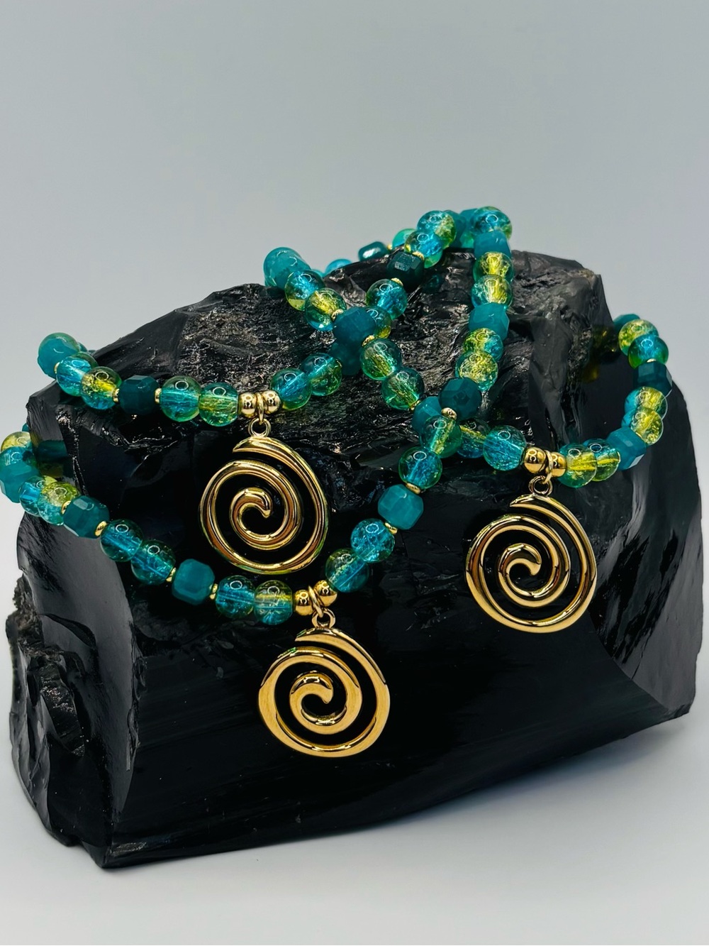 *ANKELT* S.Steel Swirl & Teal Yellow Crackle & Jade Stretchy Anklet